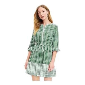 Loft‎ Women's White Green Striped Tab Sleeve Button Flounce Dress